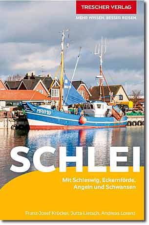 Trescher-Reiseführer Schlei Buchcover des Trescher-Reiseführers Schlei mit einem blauen Fischerboot im Hafen vor historischen Gebäuden
